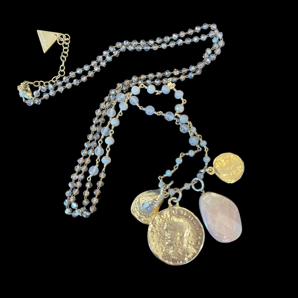 Serefina Anthropologie Charm Necklace Gold Tone Pressed Coin Faceted Stone 32”L